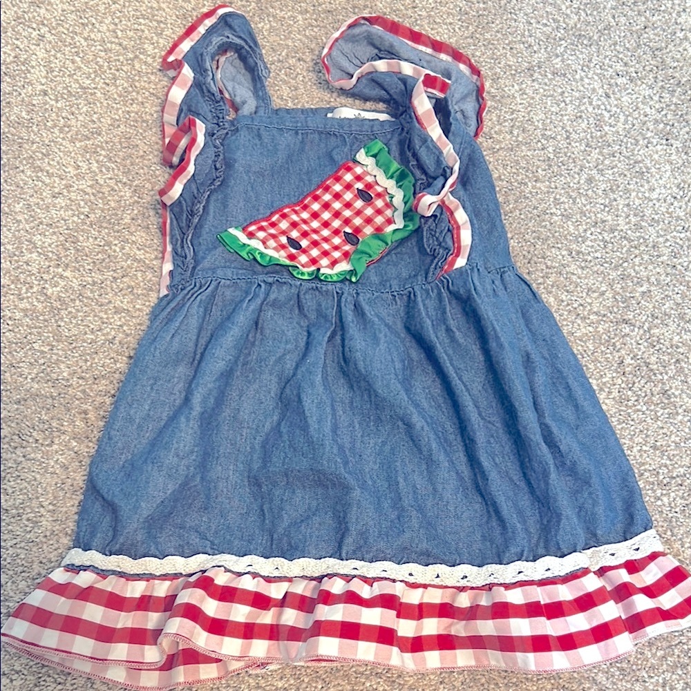 Denim Kids Dress with Red Gingham Accents